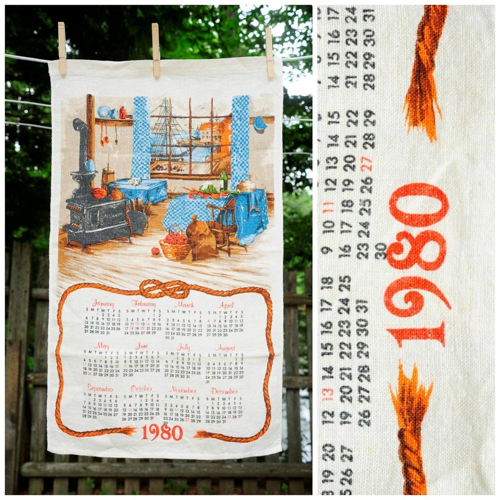VTG 1980 CalendarTowel Colonial Waterfront Kitchen